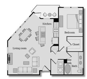 Floor plan for 1 bed, 1 bath, 993 sqft